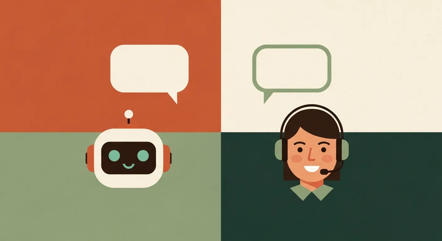Side-by-side comparison of an AI chatbot interface and a live chat agent conversation window